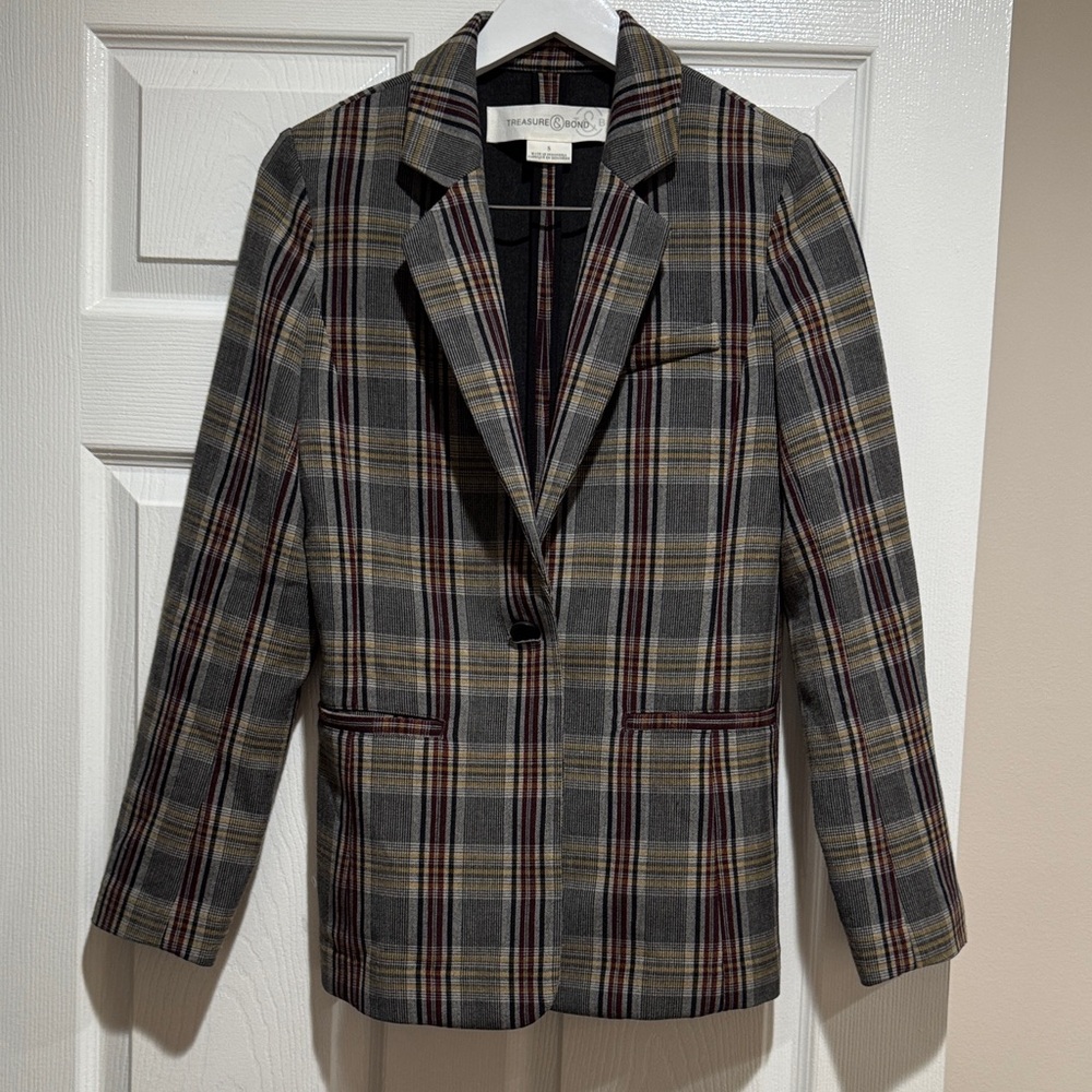 Treasure & Bond Woman Gray Plaid Blazer with Burgundy Mustard Stripes Size Small